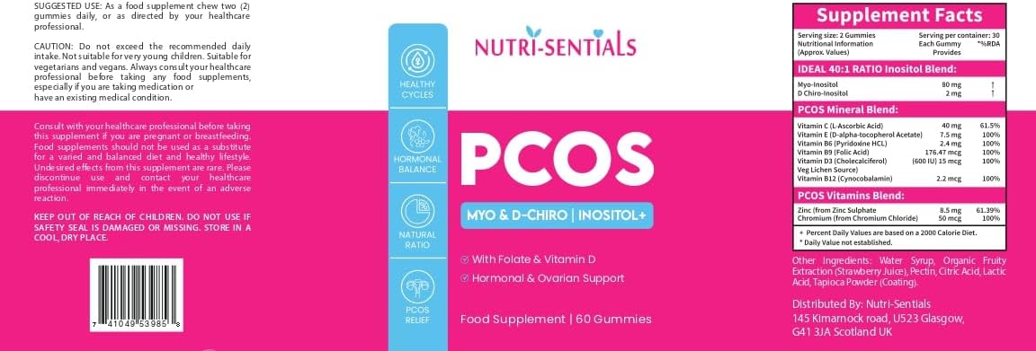 PCOS Gummies - Myo & D-Chiro Inositol Supplement with Folate & Vitamin D- Natural Ratio Ovarian Support Women Hormone Balance Blend