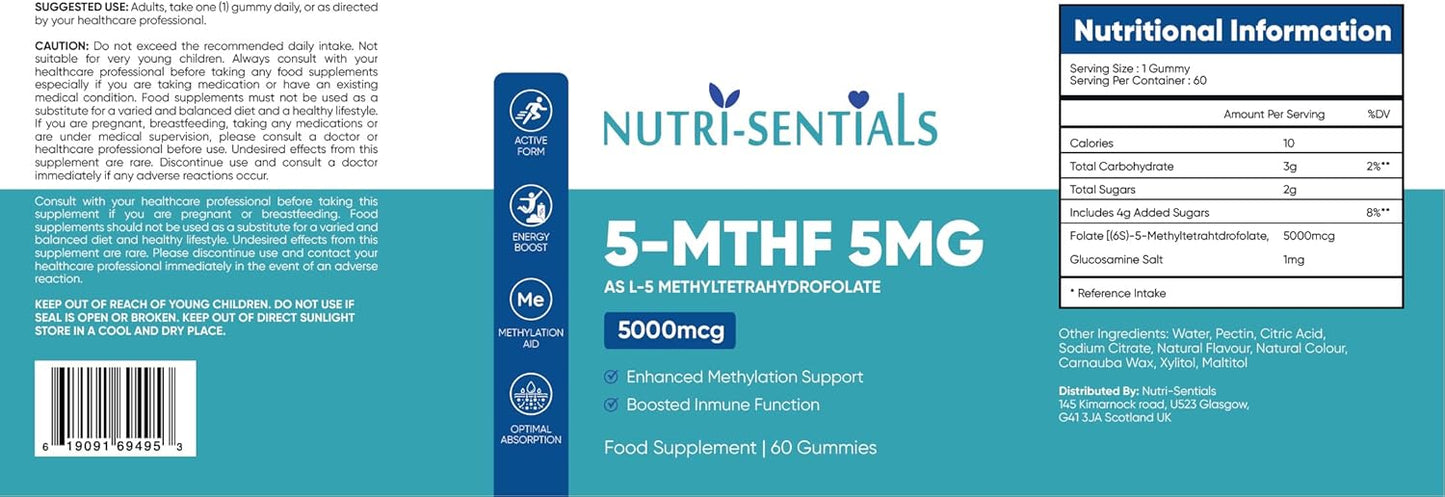 L-5 Methyl Folate Supplement- 5000mcg Active Form Folic Acid Gummies for Optimal Absorption- High Strength Folic Acid Supplement- Activated Methylfolate Supplement- 60 Gummies