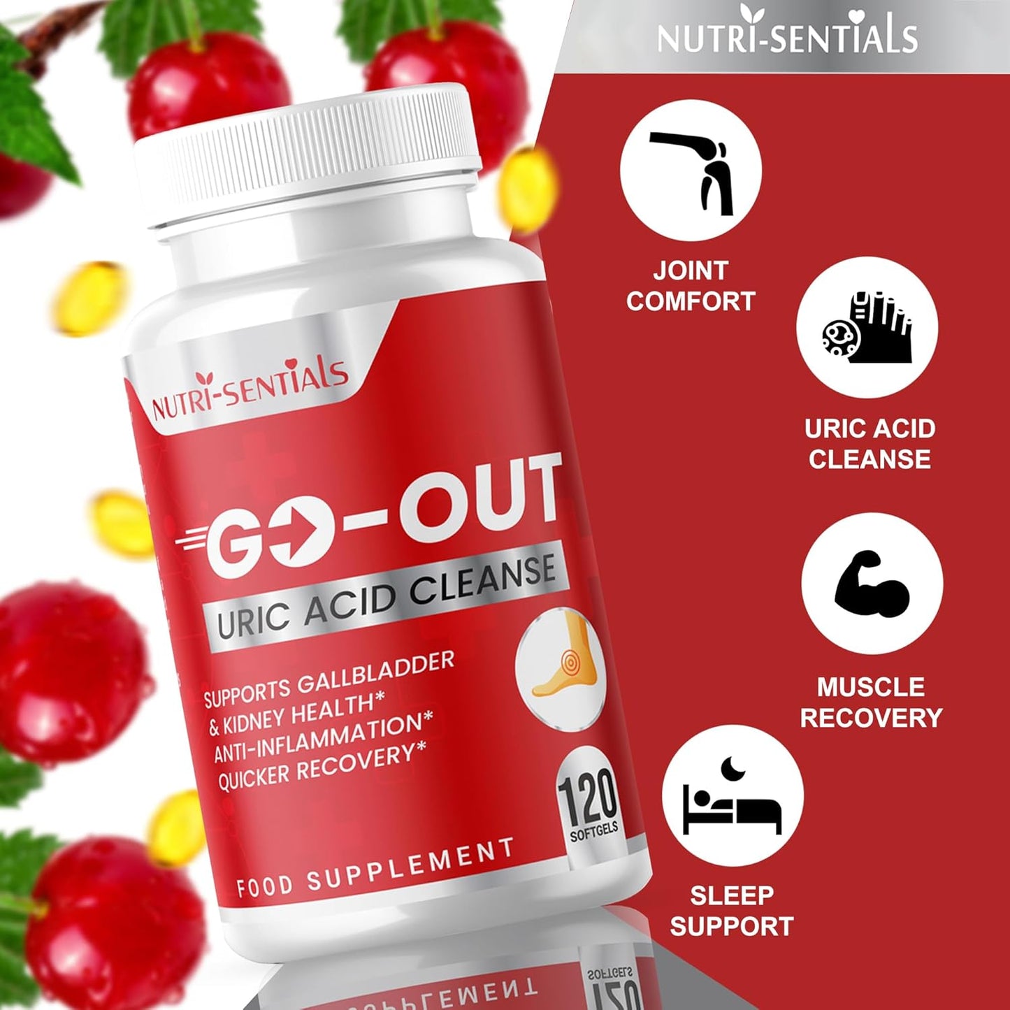 GO-Out Uric Acid Cleanse Supplement| Natural Supplements Promoting Kidney & Joint Support| Includes Tart Cherry, Bilberry Extract and Celery Seed Extract | Uric Acid Support Formula|120 SOFTGELS