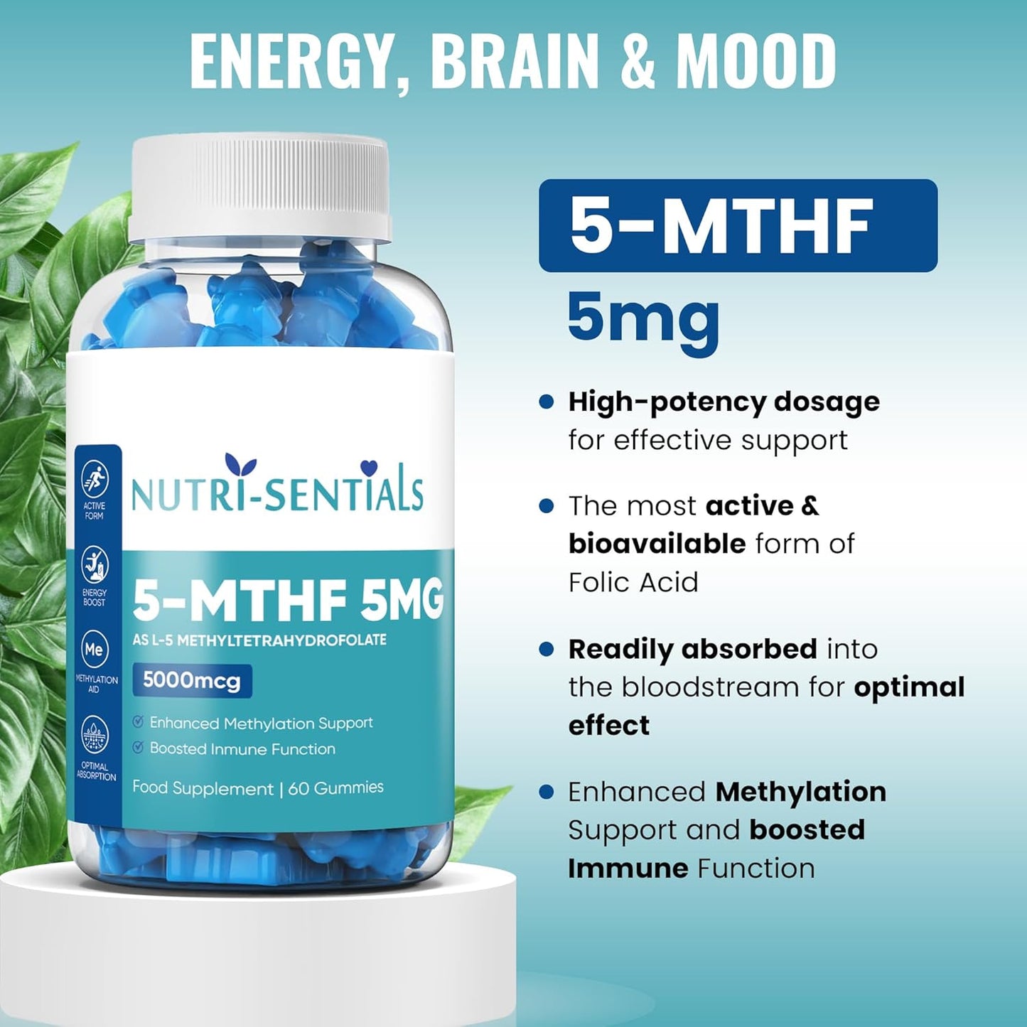 L-5 Methyl Folate Supplement- 5000mcg Active Form Folic Acid Gummies for Optimal Absorption- High Strength Folic Acid Supplement- Activated Methylfolate Supplement- 60 Gummies