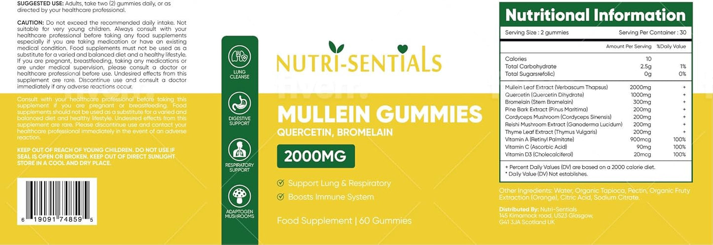 Mullein Gummies 2000mg β Respiratory Lung Health Supplement with Adaptogen Mushrooms, Mullein Leaf Extract β Natural Lung Cleanse for Adults, Vegan & Non-GMO | Immune Boost 60 Gummies