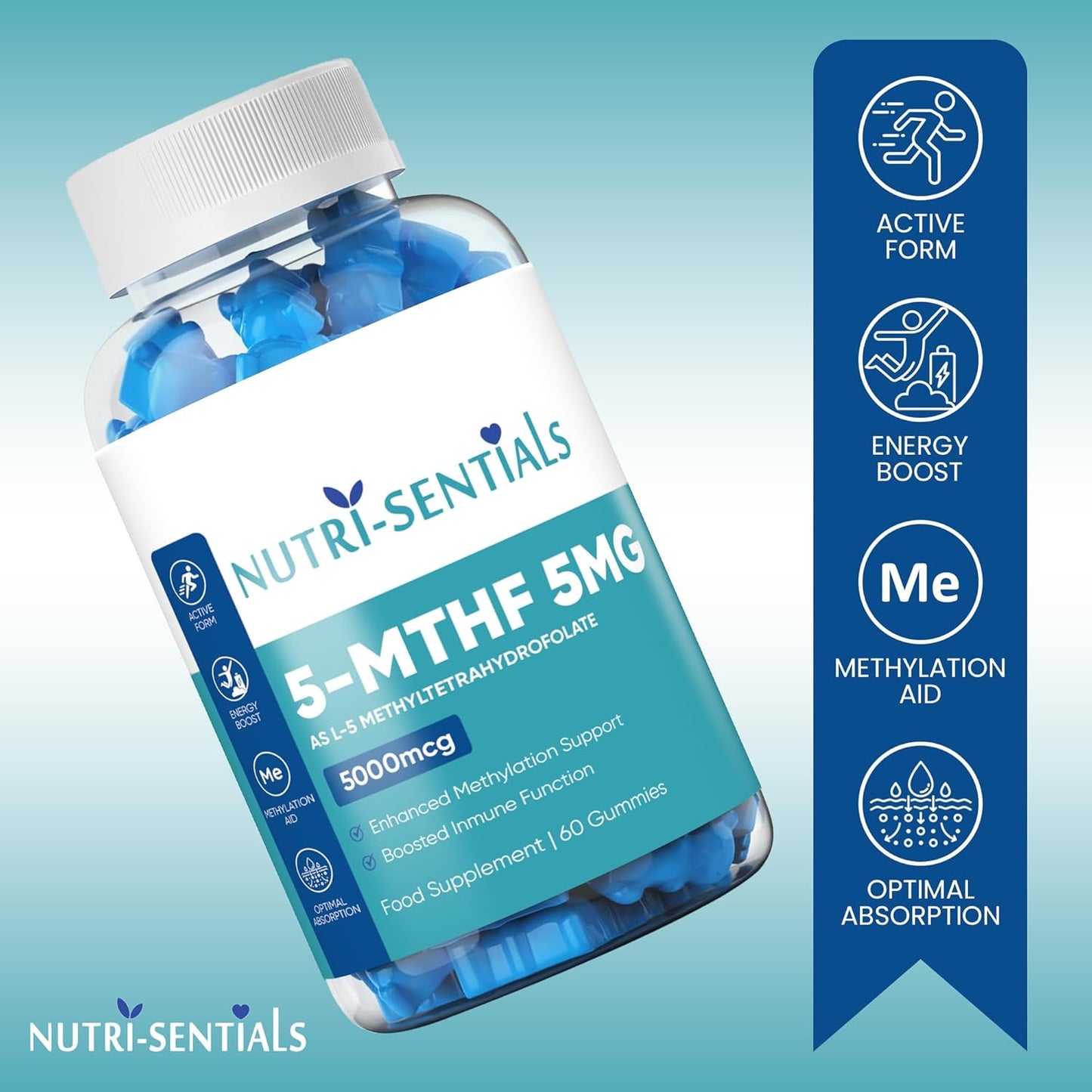 L-5 Methyl Folate Supplement- 5000mcg Active Form Folic Acid Gummies for Optimal Absorption- High Strength Folic Acid Supplement- Activated Methylfolate Supplement- 60 Gummies