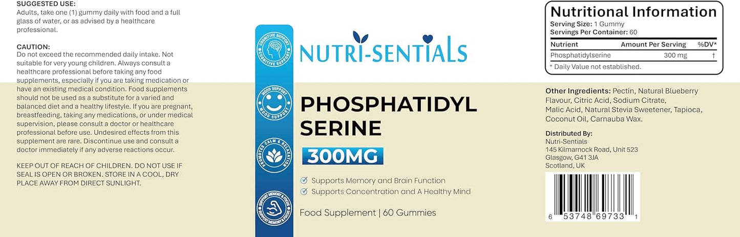 Phosphatidylserine Supplement 300mg- Organic Brain Supplement Support Gummies- Supports Memory, Mental Clarity, Mood & Cognitive Health- Natural Focus Gummies Supplements- 60 Count