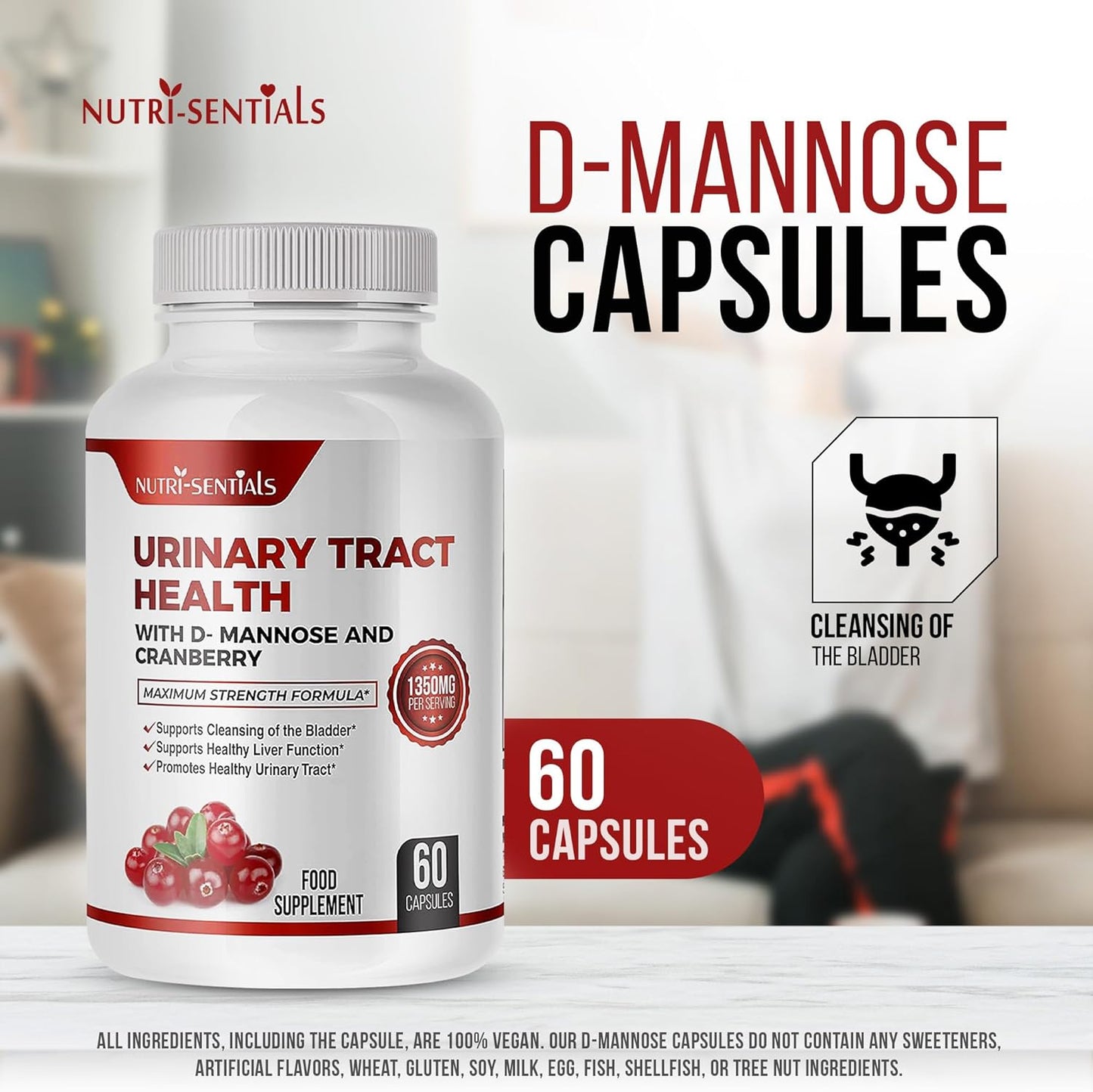 Urinary Health Support D-Mannose Capsules with Cranberry Extra Strength Support 1350mg Function and Bladder Tract Support