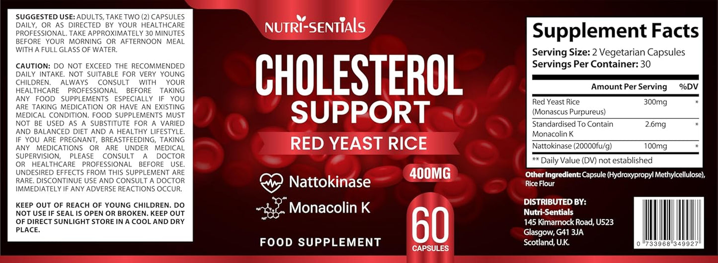 Cholesterol Support Red Yeast Rice, Nattokinase, and Monacolin K 2.6mg Daily Supplement 60 Vegetarian Capsules, 400 mg
