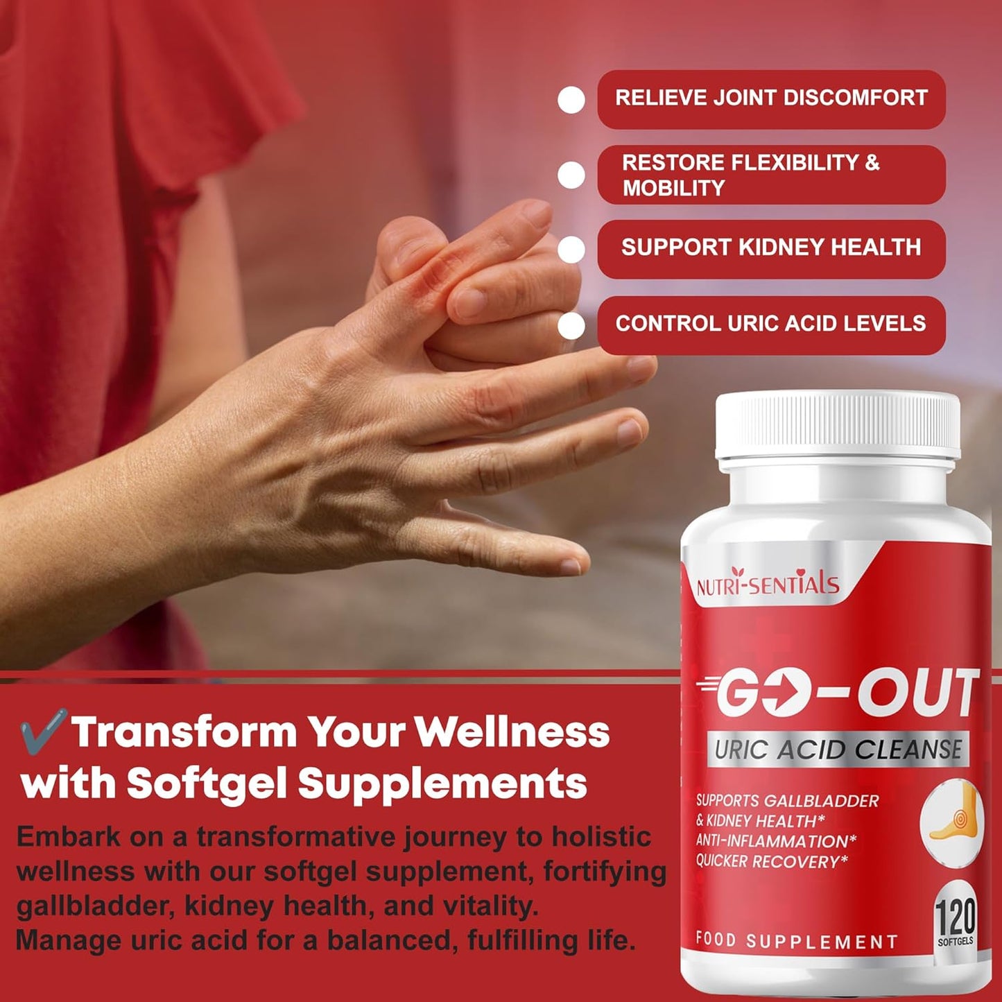 GO-Out Uric Acid Cleanse Supplement| Natural Supplements Promoting Kidney & Joint Support| Includes Tart Cherry, Bilberry Extract and Celery Seed Extract | Uric Acid Support Formula|120 SOFTGELS