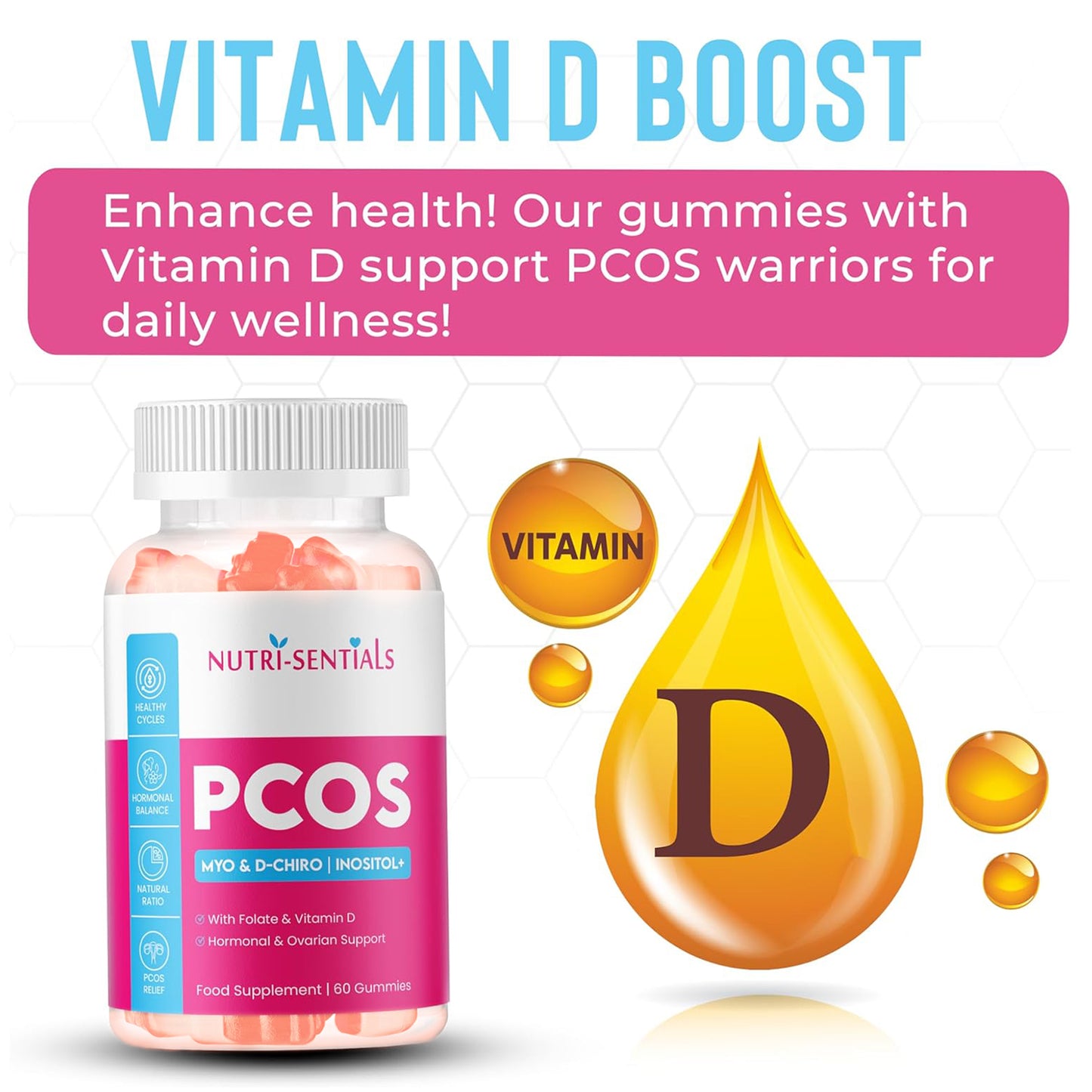 PCOS Gummies - Myo & D-Chiro Inositol Supplement with Folate & Vitamin D- Natural Ratio Ovarian Support Women Hormone Balance Blend