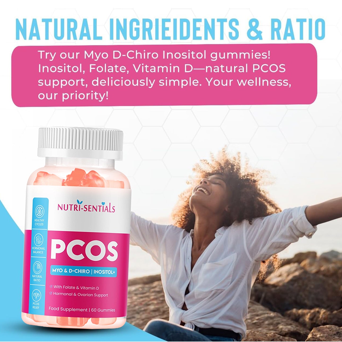 PCOS Gummies - Myo & D-Chiro Inositol Supplement with Folate & Vitamin D- Natural Ratio Ovarian Support Women Hormone Balance Blend