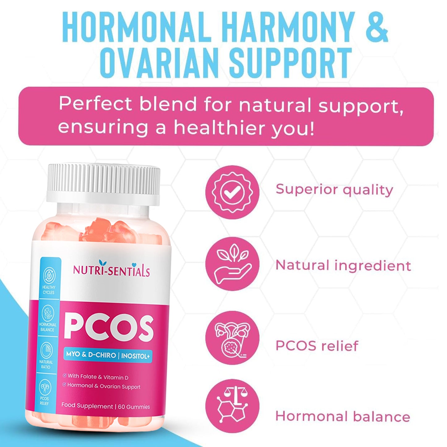 PCOS Gummies - Myo & D-Chiro Inositol Supplement with Folate & Vitamin D- Natural Ratio Ovarian Support Women Hormone Balance Blend