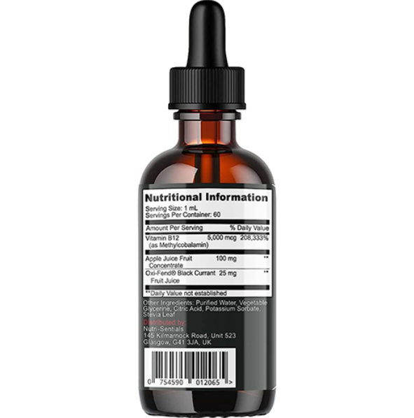 Vitamin B-12 Liquid Drops - 5000 mcg Methylcobalamin High Strength Supplement, for Increasing Metabolism, Immunity, Energy and Improving Concentration & Mood - Vegan Berries Flavour, 60ml