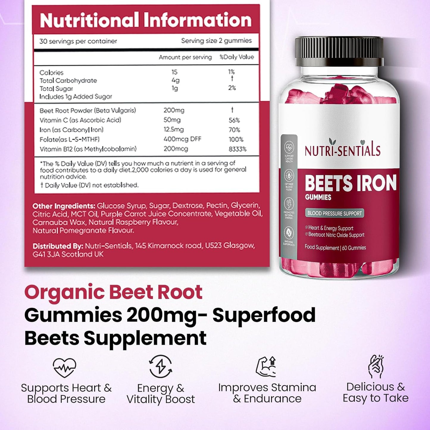 Organic Beet Root Gummies 200mg- Superfood Beets Supplement with Iron for Heart Health & Blood Pressure Support- Nitric Oxide Beets Iron Gummies for Energy & Stamina Boost- Vegan, Non-GMO- 60 Gummy