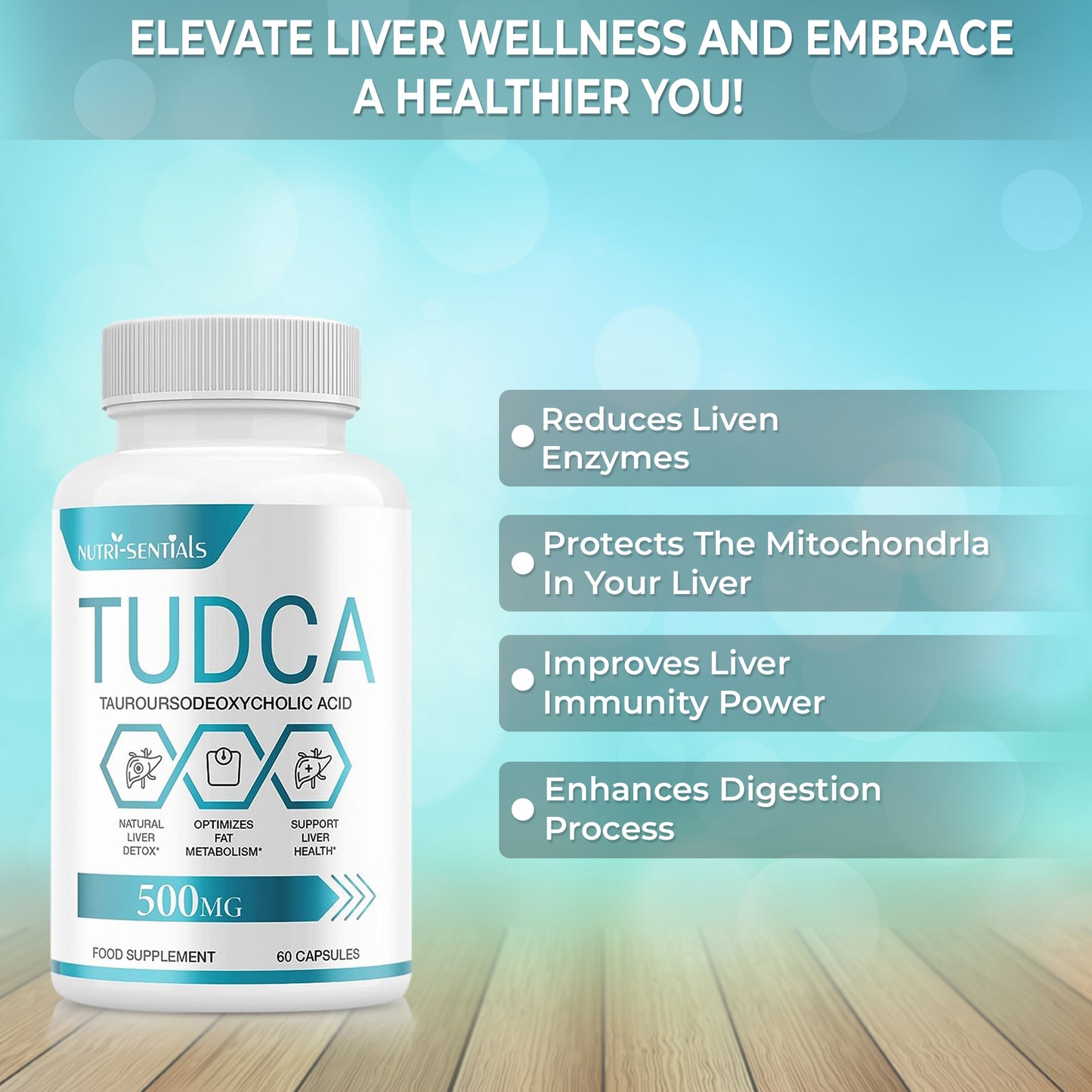 TUDCA Liver Support Supplement, 500mg Servings, Tudca Bile Salt, Liver Support Supplement, Detox and Cleanse, (Tauroursodeoxycholic Acid)- 60 Capsules