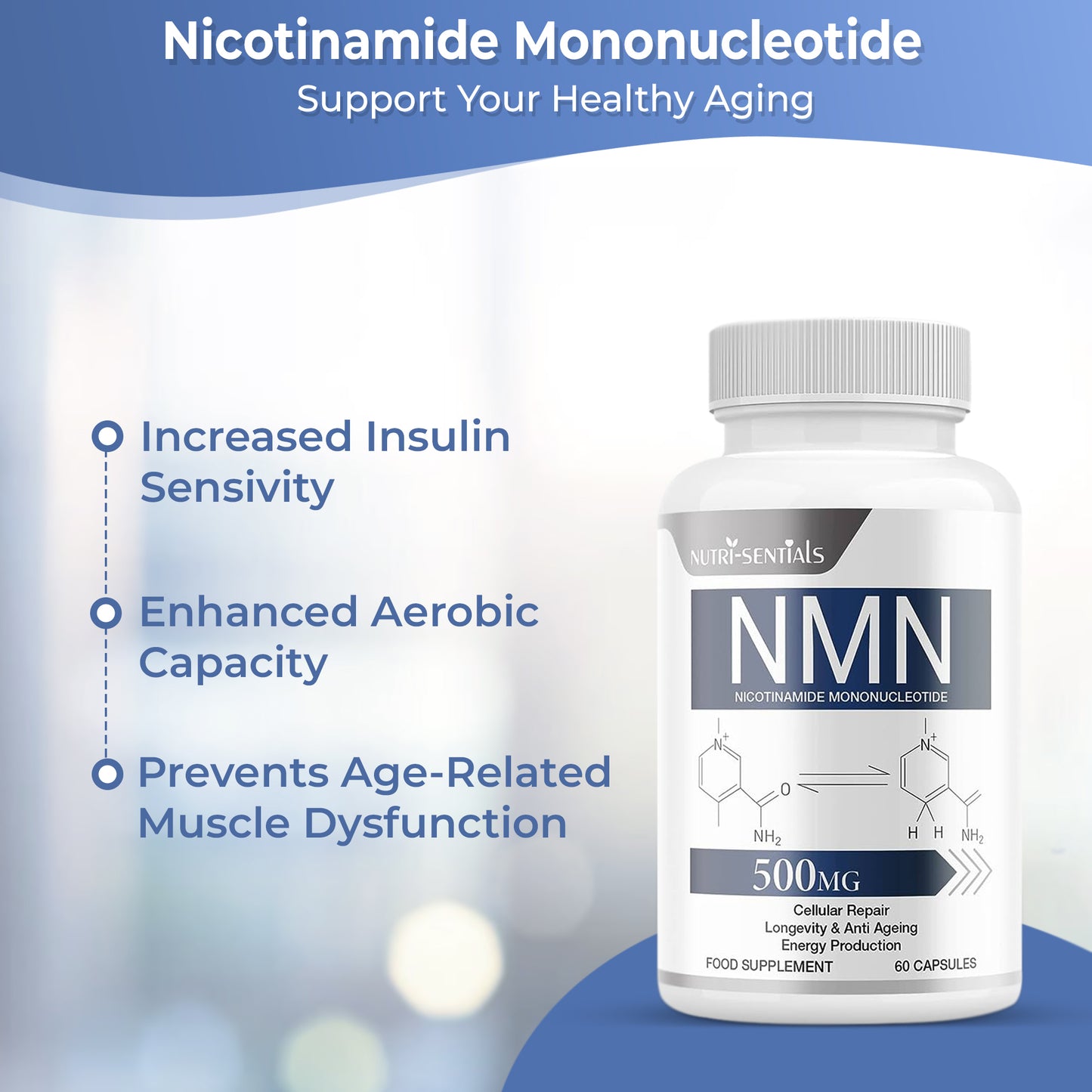 NMN Supplement 500mg - NAD+ Booster - Cellular Repair & Longevity - 60 Capsules