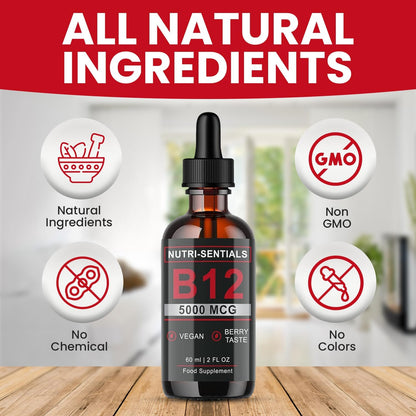 Vitamin B-12 Liquid Drops - 5000 mcg Methylcobalamin High Strength Supplement, for Increasing Metabolism, Immunity, Energy and Improving Concentration & Mood - Vegan Berries Flavour, 60ml