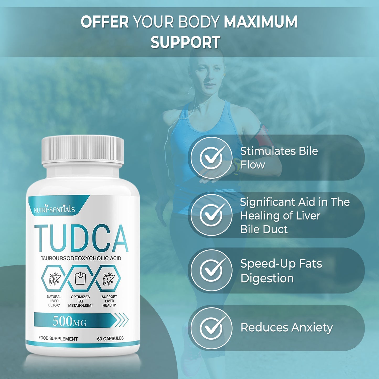 TUDCA Liver Support Supplement, 500mg Servings, Tudca Bile Salt, Liver Support Supplement, Detox and Cleanse, (Tauroursodeoxycholic Acid)- 60 Capsules