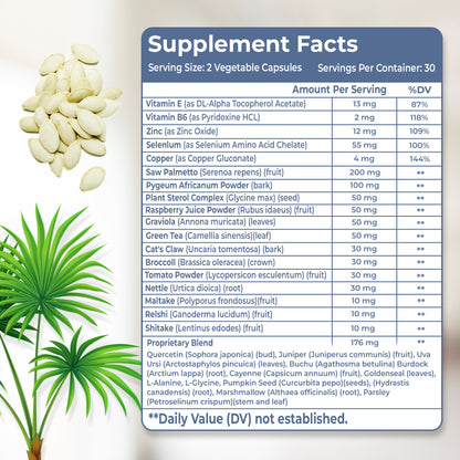 Prostate Support Supplement, 33 Herbs to Support Prostate Health, Urine Flow and Reduce Bladder Discomfort — Saw Palmetto, Zinc, Pumpkin Seed, Nettle, Pygeum, Vitamins — 60 Capsules