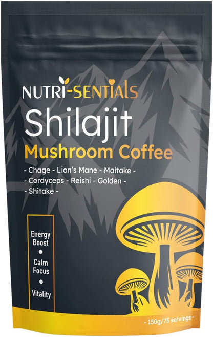 Shilajit Mushroom Coffee Powder, Pure Himalayan Shilajit Instant Coffee Mix with Chaga, Cordyceps and Lion’s Mane, Superfood Blend for Focus and Energy Support, No Gluten or Artificial Flavors
