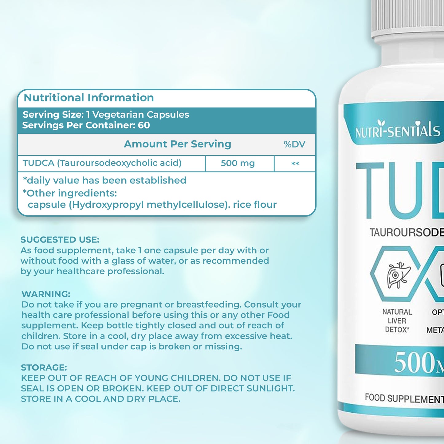 TUDCA Liver Support Supplement, 500mg Servings, Tudca Bile Salt, Liver Support Supplement, Detox and Cleanse, (Tauroursodeoxycholic Acid)- 60 Capsules