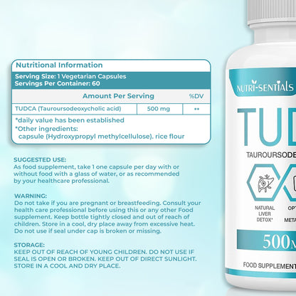 TUDCA Liver Support Supplement, 500mg Servings, Tudca Bile Salt, Liver Support Supplement, Detox and Cleanse, (Tauroursodeoxycholic Acid)- 60 Capsules