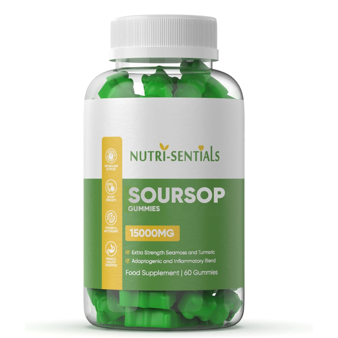Organic Soursop Gummies 15000MG – Extra Strength Seamoss & Turmeric – Organic Herbal Blend with Ashwagandha, Multivitamin for Immunity, 60 Gummies