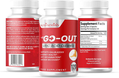 GO-Out Uric Acid Cleanse Supplement| Natural Supplements Promoting Kidney & Joint Support| Includes Tart Cherry, Bilberry Extract and Celery Seed Extract | Uric Acid Support Formula|120 SOFTGELS