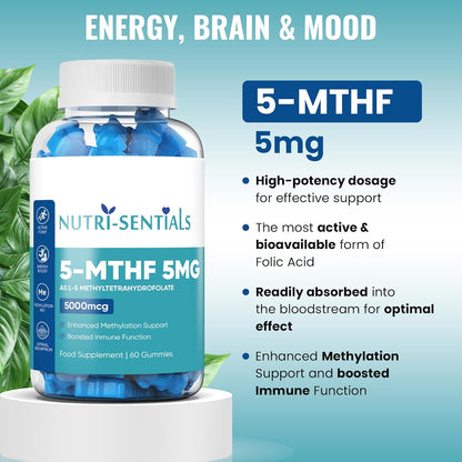 L-5 Methyl Folate Supplement- 5000mcg Active Form Folic Acid Gummies for Optimal Absorption- High Strength Folic Acid Supplement- Activated Methylfolate Supplement- 60 Gummies
