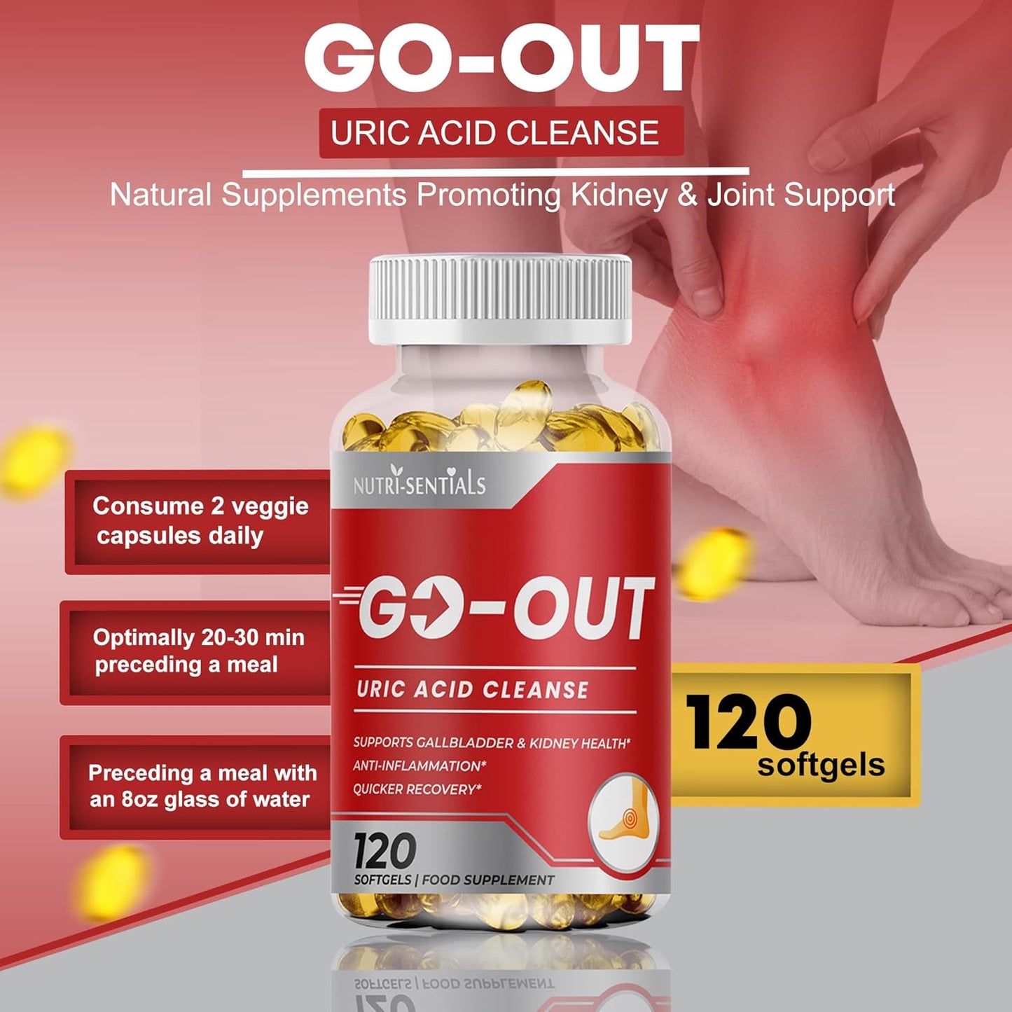 GO-Out Uric Acid Cleanse Supplement| Natural Supplements Promoting Kidney & Joint Support| Includes Tart Cherry, Bilberry Extract and Celery Seed Extract | Uric Acid Support Formula|120 SOFTGELS