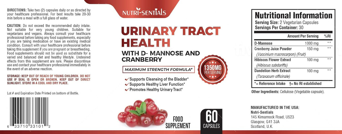 Urinary Health Support D-Mannose Capsules with Cranberry Extra Strength Support 1350mg Function and Bladder Tract Support