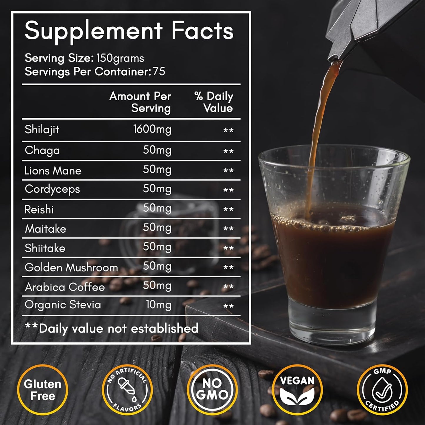 Shilajit Mushroom Coffee Powder, Pure Himalayan Shilajit Instant Coffee Mix with Chaga, Cordyceps and Lion’s Mane, Superfood Blend for Focus and Energy Support, No Gluten or Artificial Flavors