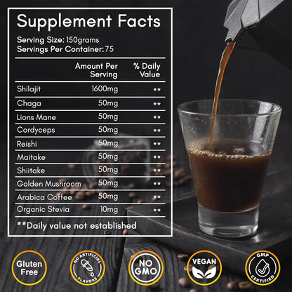 Shilajit Mushroom Coffee Powder, Pure Himalayan Shilajit Instant Coffee Mix with Chaga, Cordyceps and Lion’s Mane, Superfood Blend for Focus and Energy Support, No Gluten or Artificial Flavors