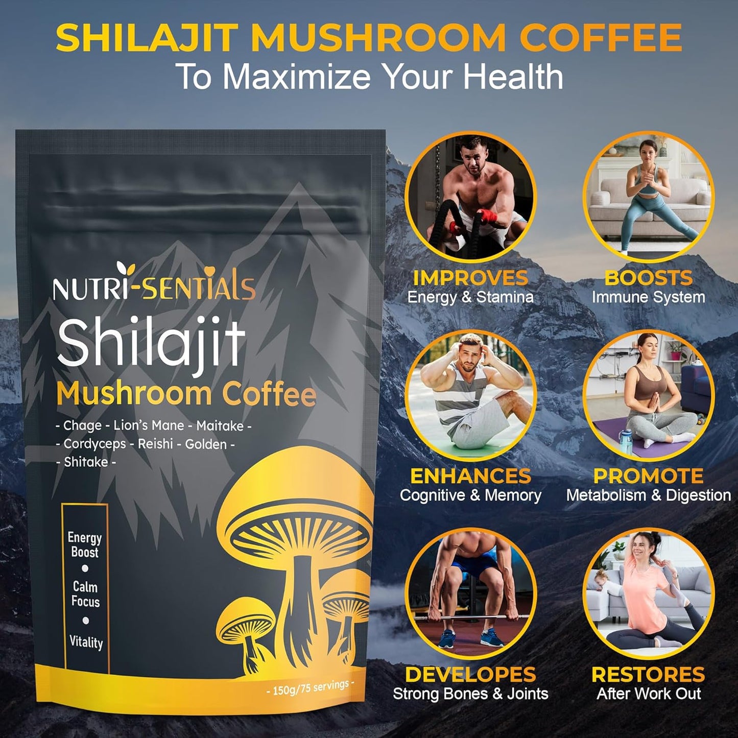 Shilajit Mushroom Coffee Powder, Pure Himalayan Shilajit Instant Coffee Mix with Chaga, Cordyceps and Lion’s Mane, Superfood Blend for Focus and Energy Support, No Gluten or Artificial Flavors