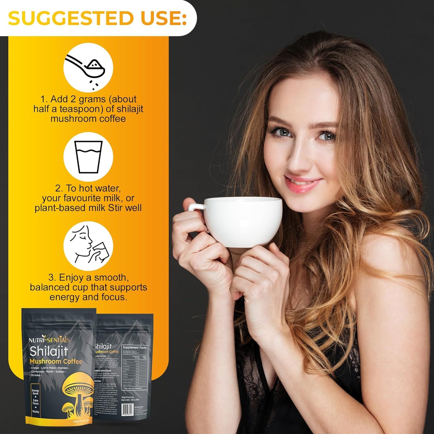Shilajit Mushroom Coffee Powder, Pure Himalayan Shilajit Instant Coffee Mix with Chaga, Cordyceps and Lion’s Mane, Superfood Blend for Focus and Energy Support, No Gluten or Artificial Flavors