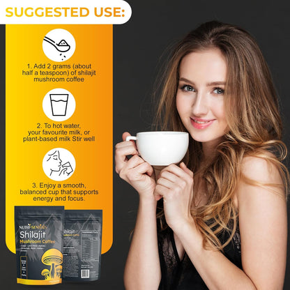 Shilajit Mushroom Coffee Powder, Pure Himalayan Shilajit Instant Coffee Mix with Chaga, Cordyceps and Lion’s Mane, Superfood Blend for Focus and Energy Support, No Gluten or Artificial Flavors