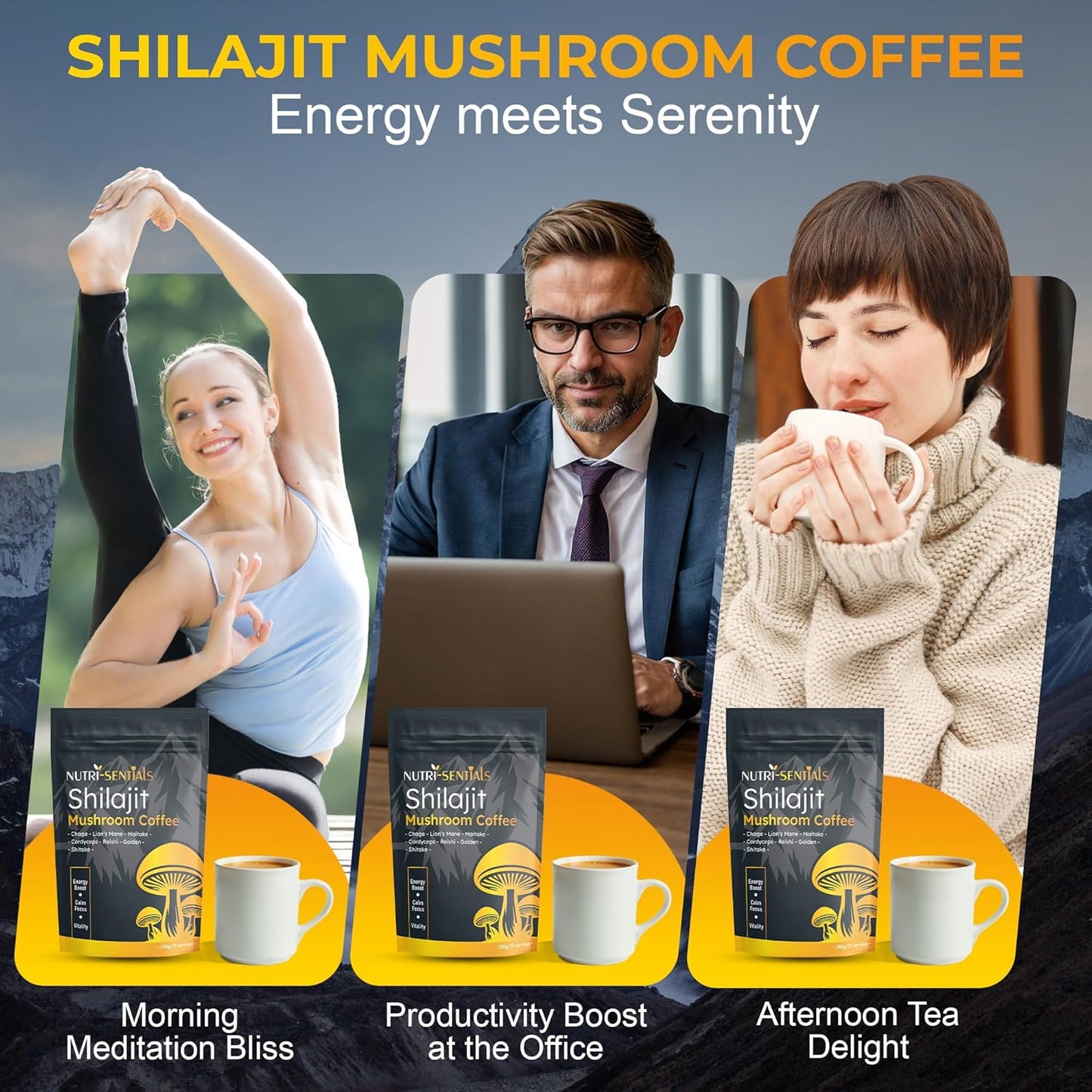 Shilajit Mushroom Coffee Powder, Pure Himalayan Shilajit Instant Coffee Mix with Chaga, Cordyceps and Lion’s Mane, Superfood Blend for Focus and Energy Support, No Gluten or Artificial Flavors