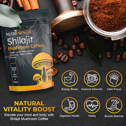 Shilajit Mushroom Coffee Powder, Pure Himalayan Shilajit Instant Coffee Mix with Chaga, Cordyceps and Lion’s Mane, Superfood Blend for Focus and Energy Support, No Gluten or Artificial Flavors