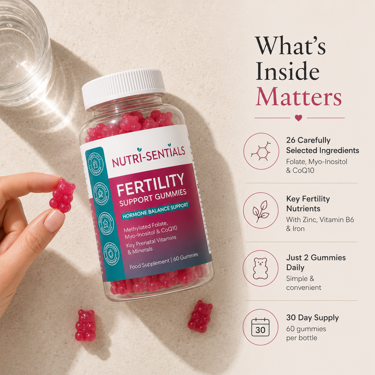 Fertility Gummies for Women – 26 Nutrients Including Myo-Inositol, Methylated Folate, CoQ10, Zinc & Iron – Vitamin Support for Women Trying to Conceive – Vegan – 60 Gummies