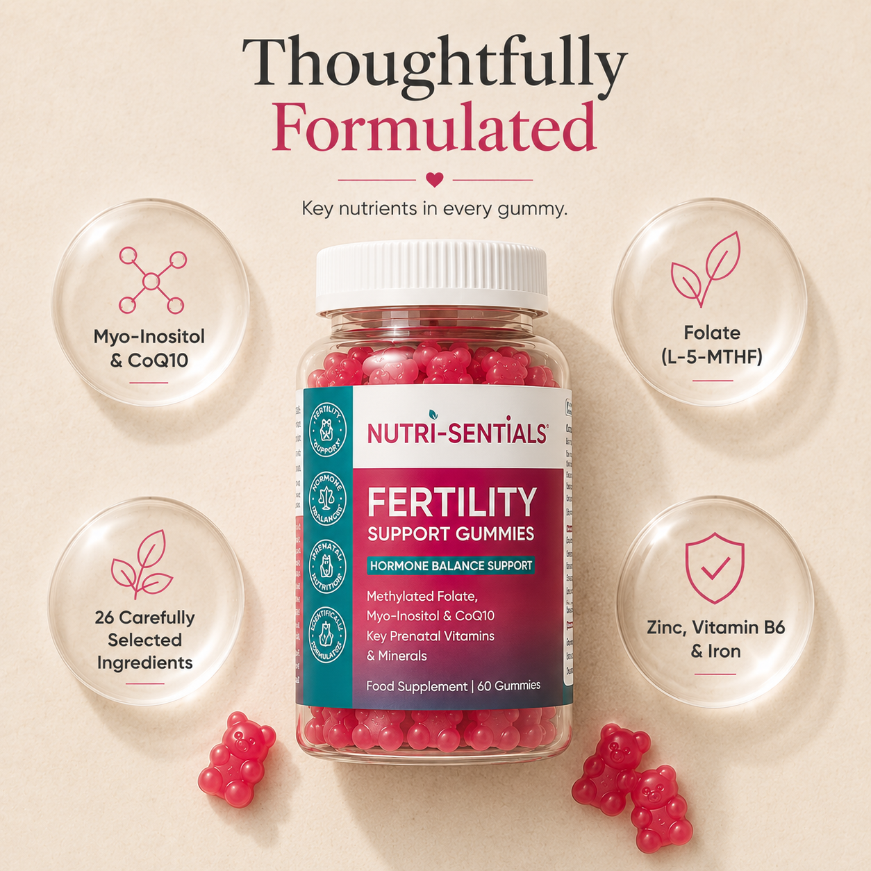 Fertility Gummies for Women – 26 Nutrients Including Myo-Inositol, Methylated Folate, CoQ10, Zinc & Iron – Vitamin Support for Women Trying to Conceive – Vegan – 60 Gummies