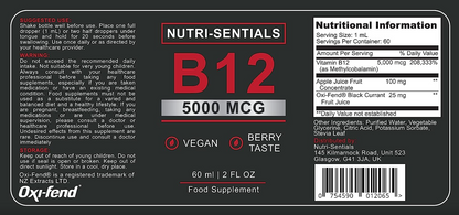 Vitamin B-12 Liquid Drops - 5000 mcg Methylcobalamin High Strength Supplement, for Increasing Metabolism, Immunity, Energy and Improving Concentration & Mood - Vegan Berries Flavour, 60ml