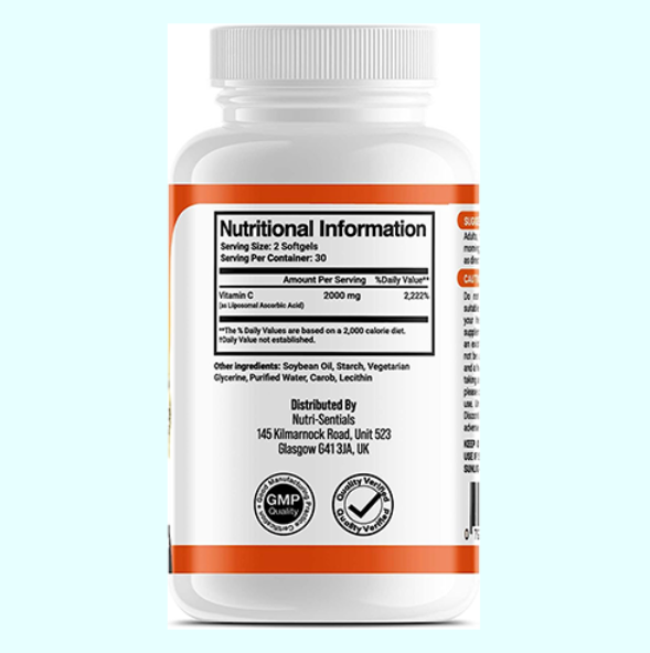 Liposomal Vitamin C Capsules - 2000mg Pure Extra High Strength Formulation | 60 Soft Gels | Pure Vegan Liposomal Vitamin C | Immune Booster |