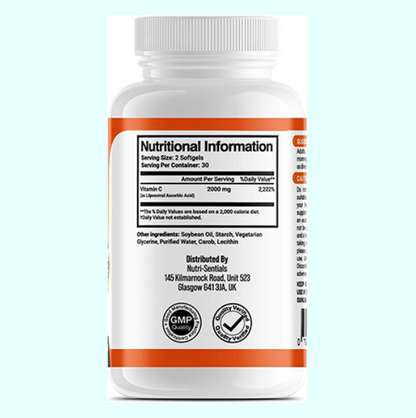Liposomal Vitamin C Capsules - 2000mg Pure Extra High Strength Formulation | 60 Soft Gels | Pure Vegan Liposomal Vitamin C | Immune Booster |