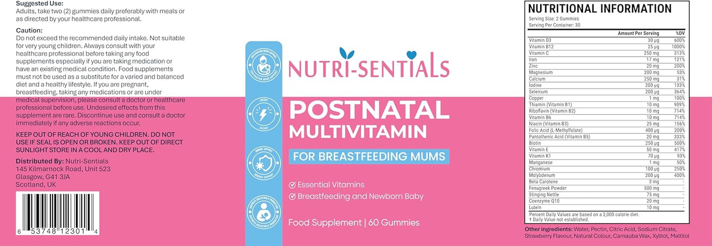 Postnatal Vitamins Gummies- Multivitamin Breastfeeding Supplement for Mums- New Mum Vitamins for Energy, Immunity & Breastfeeding Support- Organic Lactation Supplement- 60 Gummies