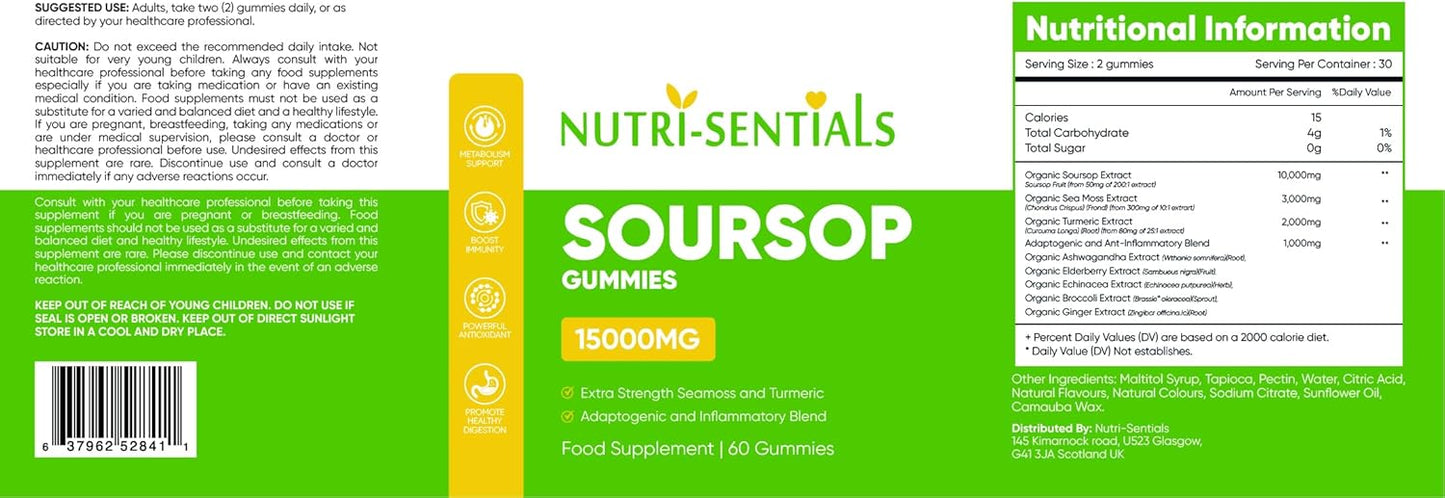 Organic Soursop Gummies 15000MG – Extra Strength Seamoss & Turmeric – Organic Herbal Blend with Ashwagandha, Multivitamin for Immunity, 60 Gummies